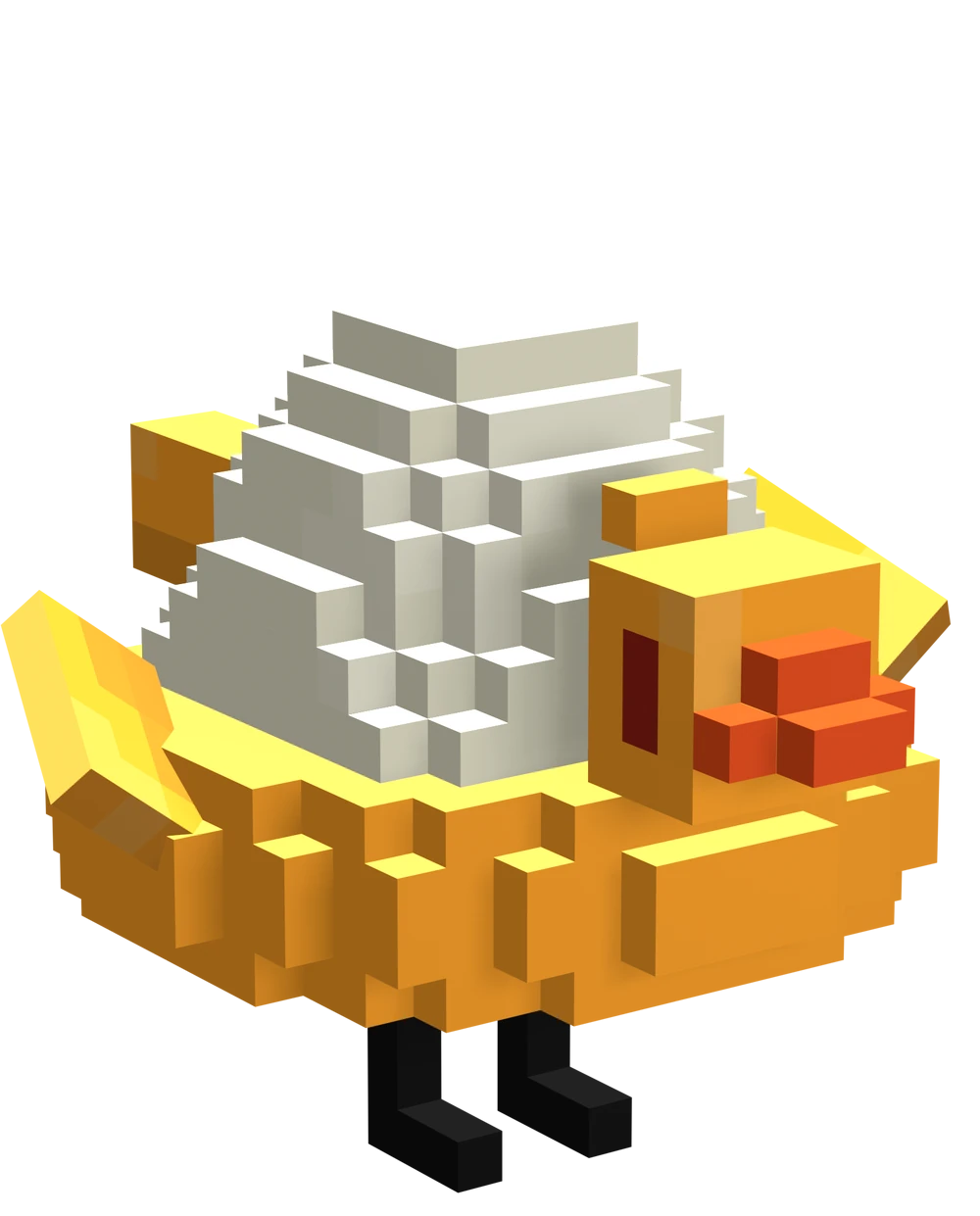 Chayanne's original look. This is a custom Minecraft model of the plain white circular egg, but Chayanne wears a large yellow pool floatie with a duck's head, wings, and tail in order to separate him apart. The majority of the midsection of the egg is hidden, but you can make out the think black legs and feet underneath.